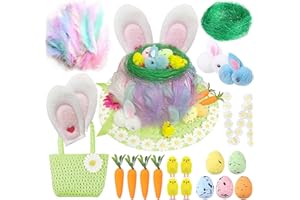 IHClink Easter Bonnet Kit Easter Bonnet Decorations for Boys & Girls,DIY Easter Hat Craft Activities with Hat & Bag, Feathers Chicks Eggs Bunnies Daisy lace Carrots Grass (Green)