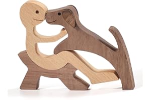 Jognee Handmade Wooden Statue, Puppy Wooden Carving Ornaments, Heart-warming Gift for Dog Lover, Craft Figurine Wood Small Decorations for Home,Office,Living Room (A - Men+dog)