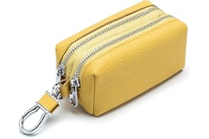 RRvane Genuine Leather Car Key Case, Unisex Double Zipper Keychain Wallet Coin Purse Bag with Metal Hook (Yellow)