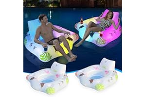 Lanblu Bouée Gonflable Piscine Adulte avec Lumière Changeante, Bouée Géante Piscine Énergie Solaire pour Adultes avec Porte-Boissons et Poignées, Bouée Assise Piscine, Bouee Piscine pour Adultes