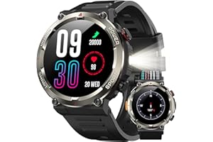 IOWODO Reloj Inteligente Hombre con Llamadas, 1.45" Militar Smartwatch con 960mAh Batería, Linterna LED, Brújula, 123 Modos Deporte, Monitor Cardíaco 24h/SpO2/Sueño, IP68, 2 Correas (iOS/Android)