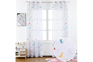 BOD HOME 2 Piezas Cortina Infantil Translúcida para Habitación de Niños, 140 x 260cm Ancho x Alto, Cortina Dormitorio Infantil con Diseño Dinosaurio Blanco, Material 100% Poliéster
