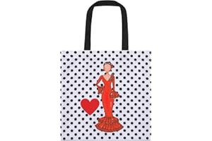 IllustrArte Bolsa de Tela Tote bag con asas de algodon y diseño de flamenca con vestido Rojo. Bolsa de tela 38cm x 38cm.