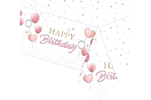 POPOYU Happy Birthday Tablecloth,Pink Table Cloth Party Disposable for Girls Her,137*274cm Disposable Table Cloths Rectangle Party Table Cover,Plastic Tablecloths Large for Baby Girls Women Birthday Party