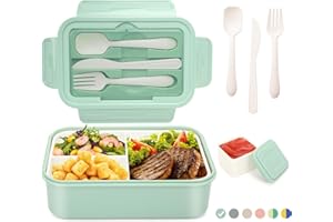 LUZOON Lunch Box,1400ml Bento Box con 3 Scomparti e Posate per Adulti, Porta Pranzo con Posate e Scatola Per Salse,Senza BPA,Sicuri per Microonde e Lavastoviglie (Verde Chiaro+Sauce Box)