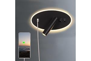 AIRTWESD Applique da comodino orientabile Porta di Ricarica USB Lampada da Parete camera da letto Faretto da camera da letto luce per la lettura LED (3W + 9W 3000k)