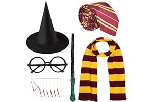 Kavoc 6 Pcs Wizard Costume Include Hat Glasses Scarf Tie Magic Wand and Tattoos Stickers for World Book Day Dress Up