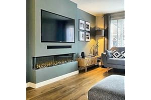 DIGITAL FLAMES DESIGNER Electric Fire Panoramic Modern 50 60 Inch LED PREMIUM Black Glass 3 SIDED FULL GLASS FISH TANK Remote Control 1500Kw New 10 Colour Flame Lights MEDIA WALL (50 inch, Black)