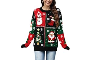 Halinuia Damen Herren Weihnachtspullover,Ugly Christmas Sweater,Lustig Rundhals Strickpullover mit Vier Weihnachtselemente für Weihnachten M