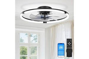SUNKENET Ceiling Fans with Lights and Remote, 50cm LED Ceiling Fan Light, 3000K-6500K Dimmable Smart Fan Ceiling Light, 6 Wind Speeds & Reversible, Black Modern Fan Light Ceiling for Bedroom