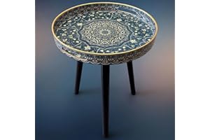 Simmer Stone Round Outdoor Side Tables with Detachable Wooden 3 Legs, Versatile Tray Table, Perfect For Round Coffee Table Tea, and Relaxation Time 17.7 Inch (Blue Maze)