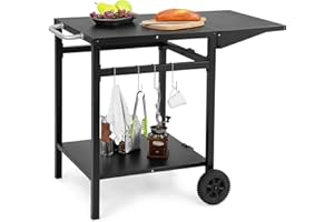 COSTWAY Carrello per Barbecue, Carrello di Servizio con Ruote e 4 Ganci, Pannello Laterale Pieghevole, Carrello Cucina Multiuso per Forno da Pizza, per Casa Cortile Patio e Giardino