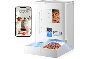 Comedero automático para Gatos - PETLIV con 2 Cuencos, dispensador de Comida para Gatos de 5 litros con Control por aplicación, WiFi 5G/2.4G, Doble Fuente de alimentación, Audio bidireccional
