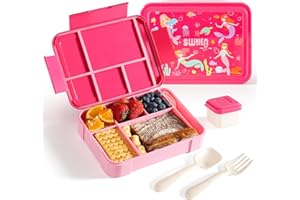 Swkien Brotdose Kinder mit Fächern - 1300ml Bento Box Kinder Lunchbox mit Besteck - Brotdosen mit Trennfächern Auslaufsicher Brotzeitbox(Rosa)
