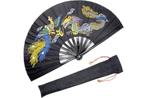 OMyTea Handfächer aus Bambus, groß, zusammenklappbar, für Herren/Frauen, chinesischer japanischer Kung-Fu-Tai-Chi-Handfächer mit Stoffetui, für Aufführungen, Festival, Geschenk (Drache & Phönix)