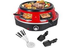 ‎TODECO Todeco 3-in-1 Elektrischer Pizzaofen, 1200 Watt, Pizzabackofen für 6 Personen mit 6 Pizzaschaufeln, 6 Käsepfanne, Grillplatte, für Mini-Pizza in Ø 10cm, Grillen und Pfannkuchen, Rot