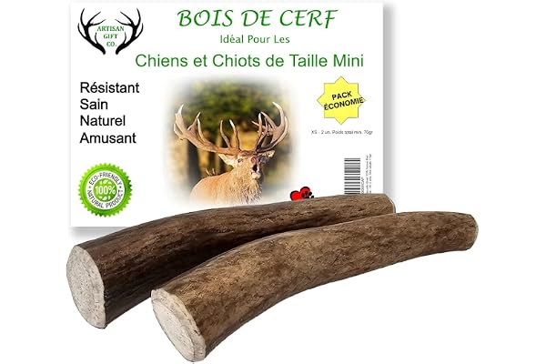 ARTISAN GIFT CO Bois de Cerf pour Chien, Corne de Cerf pour Chiots, Os à Mâcher Naturel Longue Durée, XS - 2u.