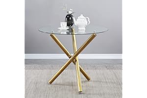TRESBIEN Round Glass Dining Table with Tempered Glass Top and Tripod Chrome Leg, Round Kitchen Table for Restaurant 90 x 90 x 75 cm, Golden