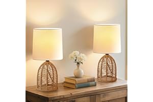GyroVu Rattan Table Lamp Set of 2, Bedside Lamps Rustic End Table Boho Small Lamps for Small Spaces Bedroom Nightstand Living Room Reading Desk Side Table Lamp