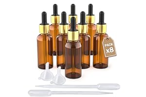 LG Luxury & Grace Pack 8 Contagocce Vetro,50 ml. Bottiglie Ambrato. Pipetta Dosatrice in Vetro. Tappo a Vite Dorato. Flaconi Ricaricabili: Aromaterapia, Olio, Laboratorio.