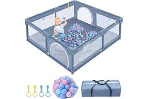 KURO-SAGOL Laufstall Baby 130x130cm – Kinder Sicherheits-Spielplatz mit rutschfestem Boden, atmungsaktivem Netz, 4 Kletterringen, 30 Spielbällen & Tragetasche, Grau