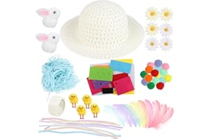 HUNIEE SULOLI Easter Bonnet Decorations Kit,Easter Hats to Decorate Make Your Own Easter Bonnet Easter Bonnet Hat for Kids Easter Bonnet Making Kit for Boys Girls(White)