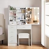 Vanrste Makeup Vanity with Lights and Mirror, 3 Light Modes, Dressing Table with Stool and 6 Drawers + 6 Shelves, White MDF f