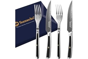 Sunnecko Fourchettes de Table et Couteaux à Steak 4pcs, Fourchette et Couteau à Steak en Acier Damassé 73 Couches, Couverts de Table à Viande pour 2 Personnes, Idée Cadeau Noël Nouvel An