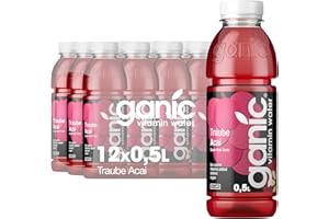 ‎GANIC ganic Vitaminwasser Traube Acai – 12 x 0,5 L PET-Flaschen – Vitamin Booster mit einer extra Dosis Koffein & Guarana – 100 % natürlich, vegan, isotonisch & kalorienarm – ohne Konservierungsstoffe