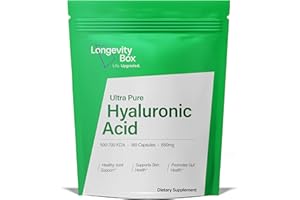 Longevity Box Hyaluronic Acid Supplements - 650mg (500-700 KDA) Hyaluronic Acid Capsules for Men & Women, High Strength Hyaluronic Acid for Skin, Hair & Joint, 3 Month Supply | 180 Capsules