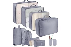 TAWDEEZ Packing Cubes for Suitcase 9PCS Travel Luggage Organizers Waterproof Travel Essentials Bag Shoes Storage Accessories Cosmetics Toiletries Clothes(Grey)