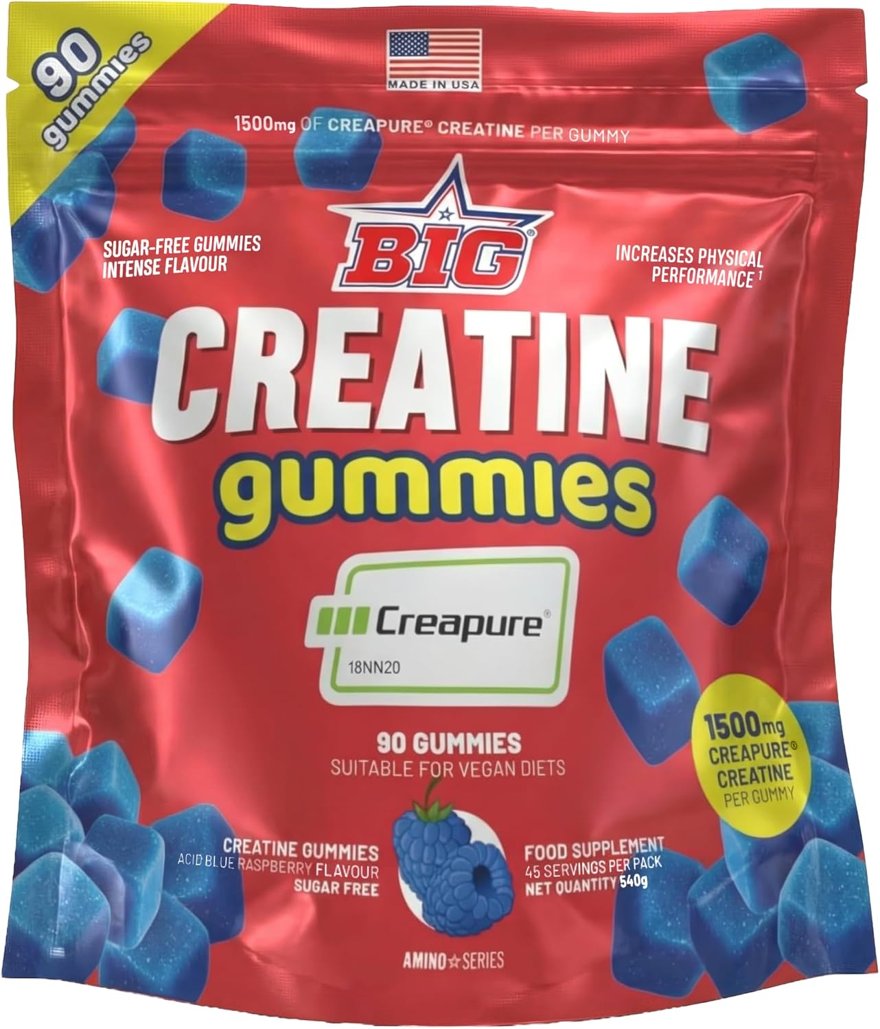 BIG - Gominolas de Creatina Monohidrato Creapure Sabor a Frambuesa Acida, 90 Gummies para Entrenamiento de Fuerza y Masa Muscular, Textura Suave, Megadosis 4.5g por toma (45 tomas)