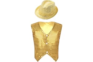 RUNQHUI Enfant Garçon Gilet Paillette avec Chapeau à Paillette Costume Disco Jazz Spectacle Carnaval Fête 3-15 Ans