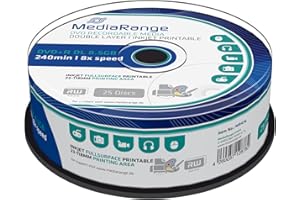 MEDIARANGE DVD+R MR474 Double Couche 8,5 Go (Vitesse 8X, imprimables, Lot de 25)