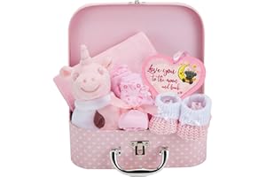 Baby Box Shop - Girl Gift Set, Newborn Essentials, Baby Shower Gifts for Girls, Keepsake Box with Pink Unicorn Rattle, Bib, Booties, Mittens, Hat, Hanging Plaque & Muslin Cloth - Premium Baby Hamper