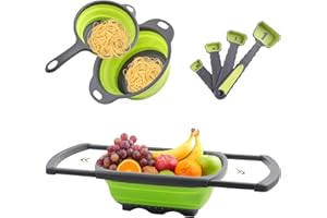 Yiomxhi Składany durszlak, sitko na zlew z wysuwanymi uchwytami, składany sitko kuchenne do odsączania makaronu, warzyw, owoców, w zestawie łyżki pomiarowe