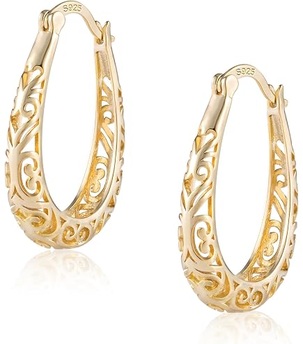 thumbnail image 2 of Gold Tone Filigree Oval Creole Hoop Earrings - Cutout Gypsy Style - 2cm X 2.9cm - Fashion 2 of 2