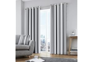 Fusion Eyelet Curtains – Grey Stripe – W46 x L54" (117 x 137cm) – 2 Panels – 100% Cotton – Window Treatment for Bedroom & Living Room – Strata Collection – Matching Cushion Available