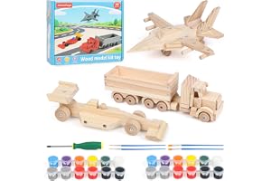 Jacootoys byggsats i trä för barn, 3-pack med DIY-byggsatser i trä, hantverksleksaker i med färger och penslar