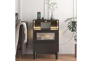 cointwo Modern Black Bedside Table with Charging Station, Glass Drawers, and LED Lights - Stylish Wood Nightstand for Bedroom - 40×35×60CM