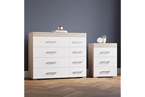 DRP Trading White & Sonoma Oak 2 Piece Bedroom Furniture Set, 4+4 Drawers Chest, 3 Drawer Beside Cabinet, Ample Storage, Elegant Décor, Ideal for Bedroom Organisation, Quality Bedroom Set…