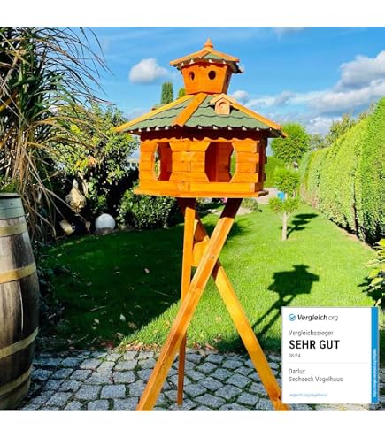 DARLUX Mangeoire Oiseaux XXL Hexagonale En Bois Résistante Aux Intempéries - Avec Toit Bardeaux Bitumés (Bleu - Marron, Sans Support)