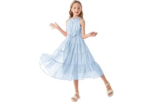 GRACE KARIN Mädchen Prinzessin Kleider Neckholder Swiss Dot Kleid A-Linie Maxikleid Casual Party Festlich Kinderkleidung 6-12 Jahre / 116-158cm