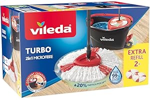 Vileda Easy Wring & Clean Turbo balai avec seau à pédale - Pack avec 1 recharge supplémentaire, Manche télescopique 85–130cm, balai à franges avec essoreur rotatif, Franges en microfibres 2en1, Gris