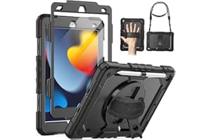 SEYMAC Case for iPad 9th/8th/7th Generation 2021/2020/2019 10.2 inch, Shockproof Case with Screen Protector, 360 Degree Rotating Stand/Hand Strap, Pen Holder for iPad 10.2 Inch, Black