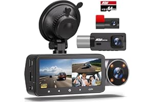 AQV Cámara de Coche 2K 1440P+1080P+1080P Dashcam 3 Lentes, Visión Nocturna Infrarroja IR, Tarjeta SD 64GB, 3.16 Pulgadas, Sensor G, Grabación en Bucle, WDR, Monitorización de Aparcamiento MAX 128GB