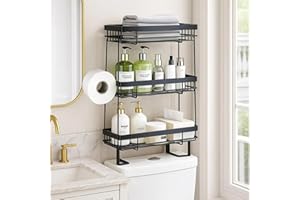 Pinkgarden Over-the-Toilet Storage Shelf, Large Capacity Bathroom Organizer, No-Drill Installation, Rust-Resistant Thick Steel, Space-Saving Over Toilet Bathroom Shelf (Black, 3 Tier)