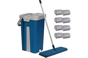 GONICVIN Zestaw mopa i wiadra, płaski mop z mikrofibry do mopa i na sucho z uchwytem ze stali nierdzewnej, wiadro dwukomorowe nadaje się na wszystkie podłogi (niebieski)