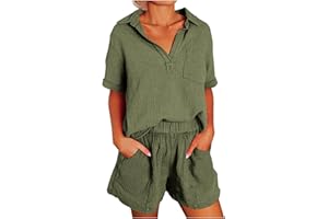 HAOLEI Zweiteiliger Damen Anzug Aus Baumwolle Und Leinen Mit Kurzen Ärmeln Und Tasche, Musselin Set Lockere Und Atmungsaktive, Sommer Outfits Leicht Und Luftig, Günstig Hausanzug Elegant Schicke