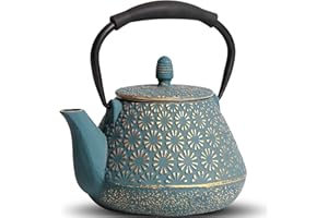 MILVBUSISS Tetera de hierro fundido, 950 ml, con patrón de flor de Sakura japonesa, apta para estufa, infusor para hojas sueltas y café, mango de silicona, interior esmaltado, 32 onzas, azul